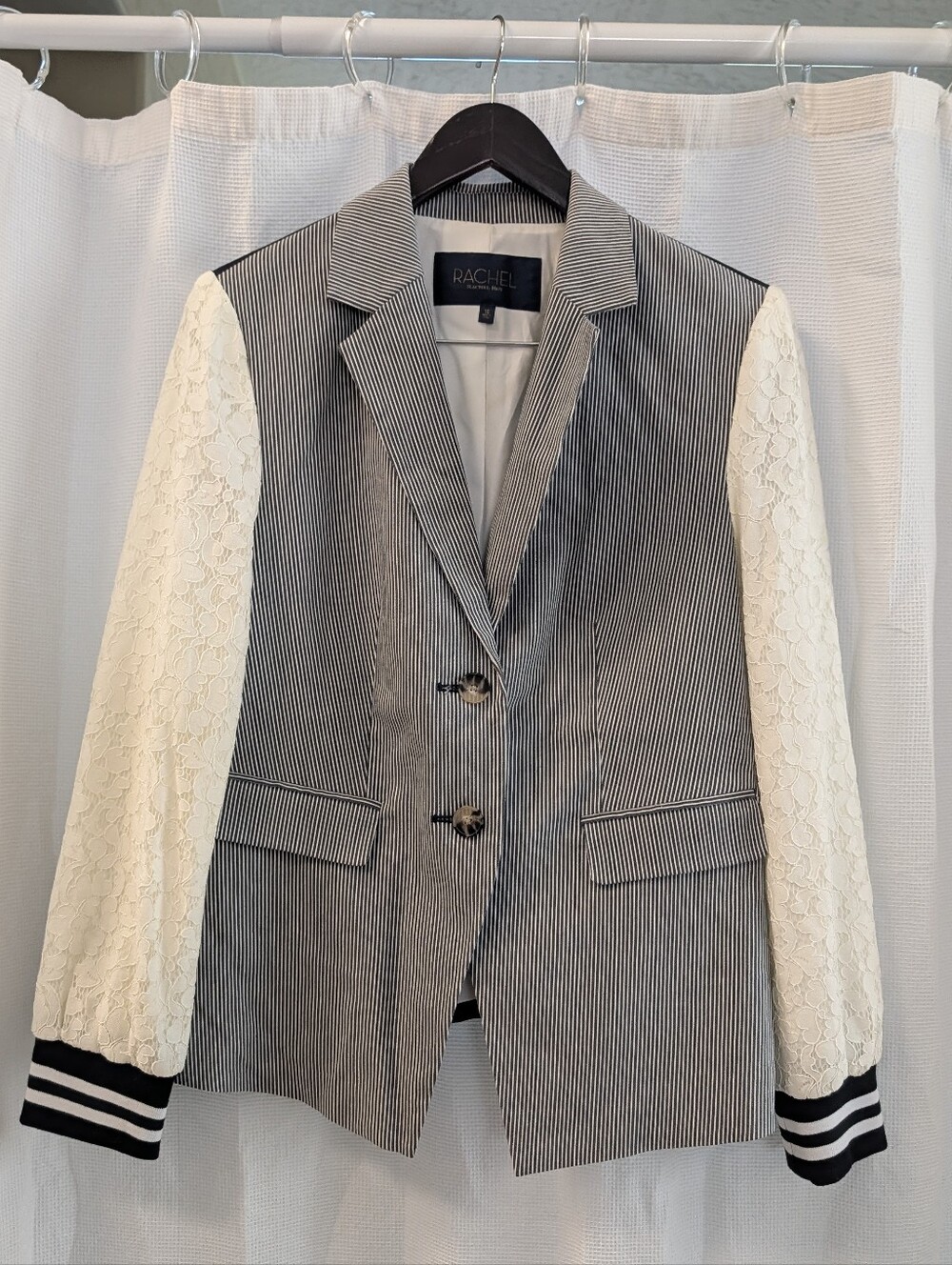 Rachel Roy Navy Striped Blazer Seersucker with White Lace Sleeves size 10